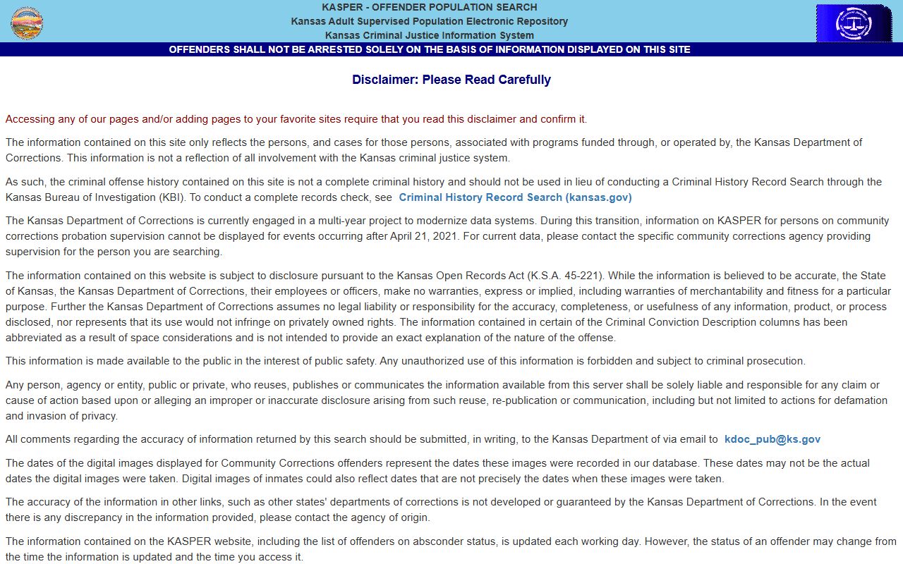 Thomas County inmate population Kansas KDOC KASPER search
