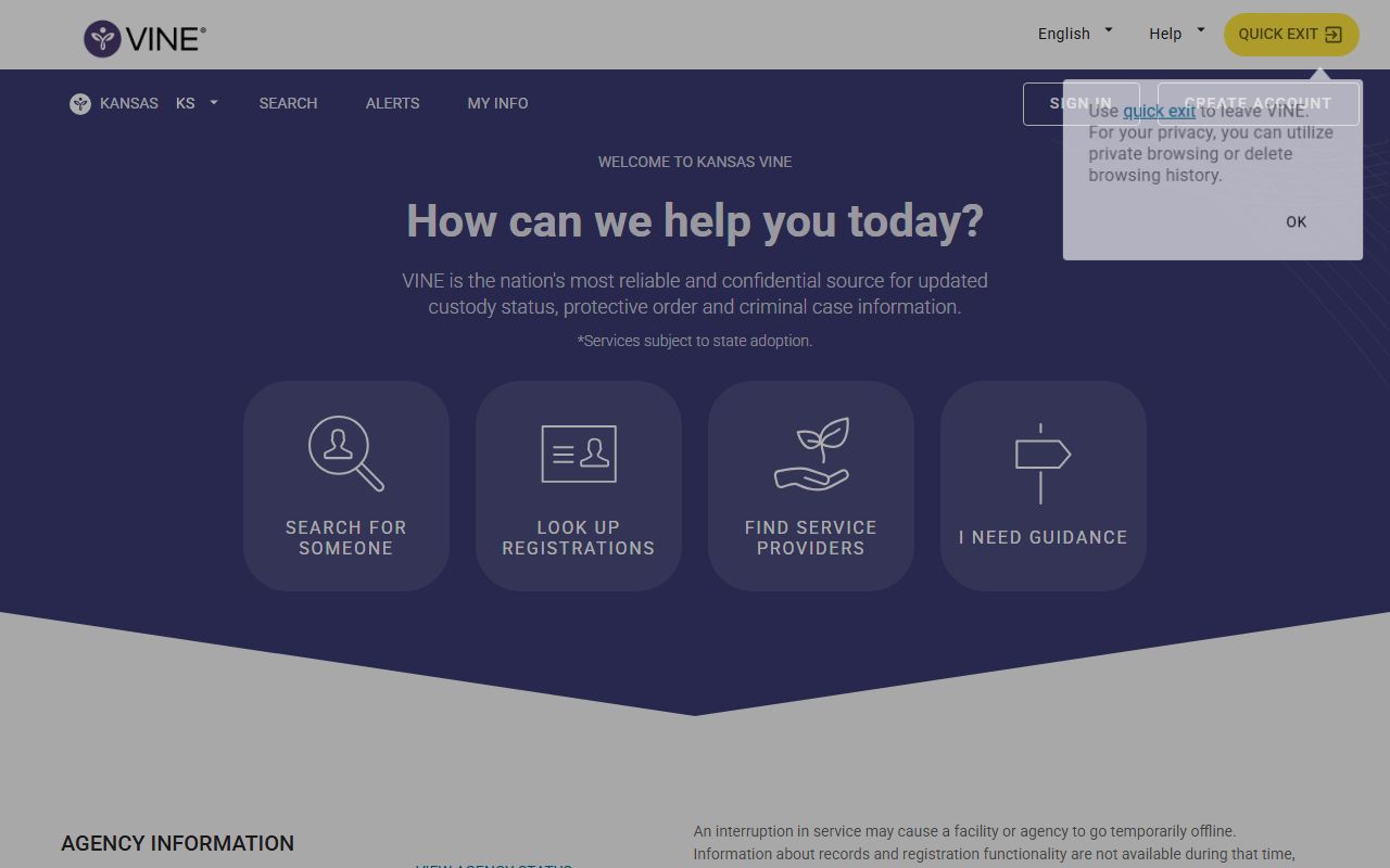 Kansas VINELink custody notification portal